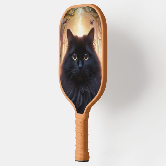 Schöne schwarze Katze mit goldenen Augen Pickleball Schläger (Links)