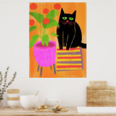 Schöne schwarze Katze mit Hauspflanzen Poster (Küche)