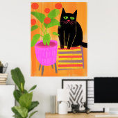 Schöne schwarze Katze mit Hauspflanzen Poster (Heimbüro)