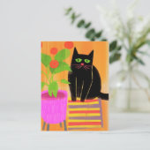 Schöne schwarze Katze mit Hauspflanzen Postkarte (Stehend Vorderseite)