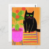 Schöne schwarze Katze mit Hauspflanzen Postkarte (Vorne/Hinten)