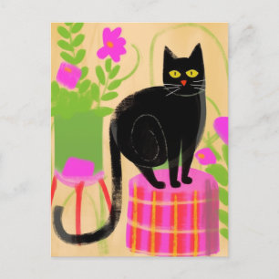 Schöne schwarze Katze mit Hauspflanzen Postkarte