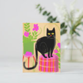 Schöne schwarze Katze mit Hauspflanzen Postkarte (Stehend Vorderseite)