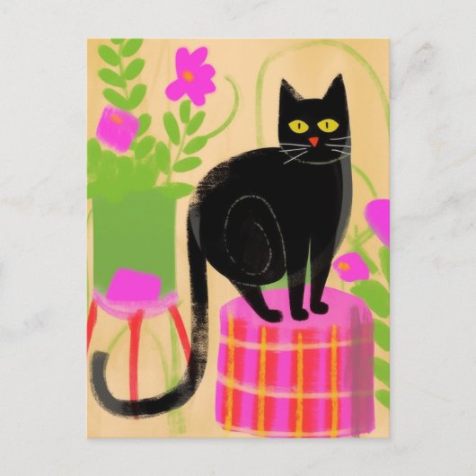Schöne schwarze Katze mit Hauspflanzen Postkarte (Vorderseite)