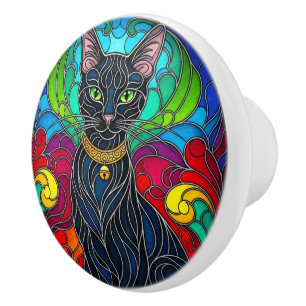 Schöne schwarze Katze mit Jingle Bell, Art Mosaik Keramikknauf