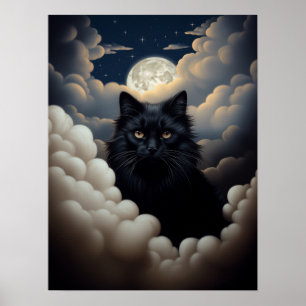 Schöne schwarze Katze sitzt in den Wolken Poster