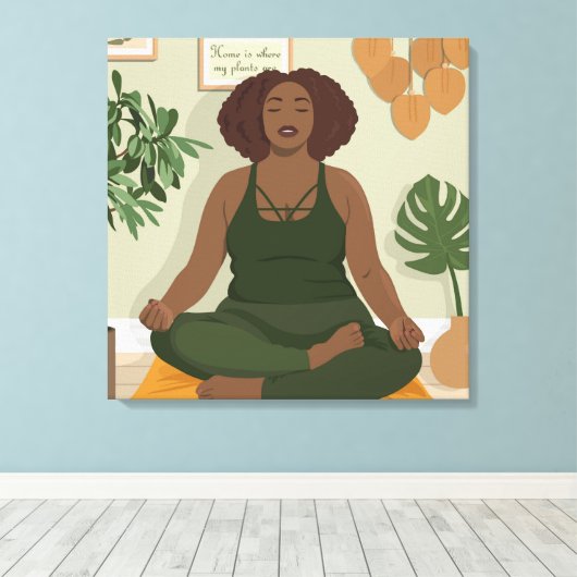 Schöne schwarze Kurvin meditiert Leinwanddruck (Insitu (Holzboden))