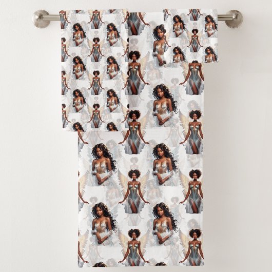 Schöne schwarze Mädchen-Engel-Musterdesign Badhandtuch Set