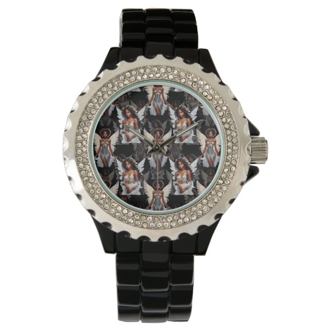 Schöne schwarze Mädchen-Engel-Musterdesign -Dunkel Armbanduhr (Vorderseite)