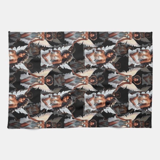 Schöne schwarze Mädchen-Engel-Musterdesign -Dunkel Geschirrtuch (Horizontal)