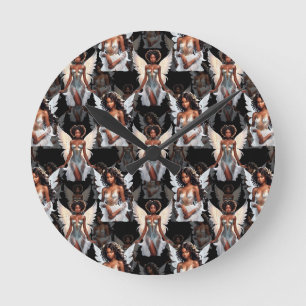 Schöne schwarze Mädchen-Engel-Musterdesign -Dunkel Runde Wanduhr