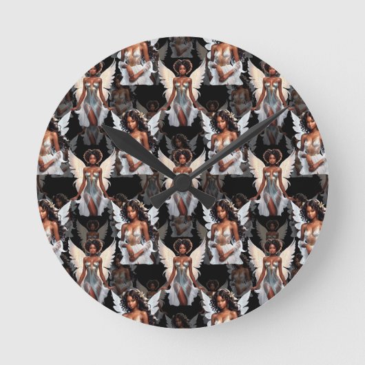 Schöne schwarze Mädchen-Engel-Musterdesign -Dunkel Runde Wanduhr (Vorderseite)
