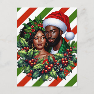 Schöne schwarze Paare-Holly-Christmas-Kranzkunst Postkarte