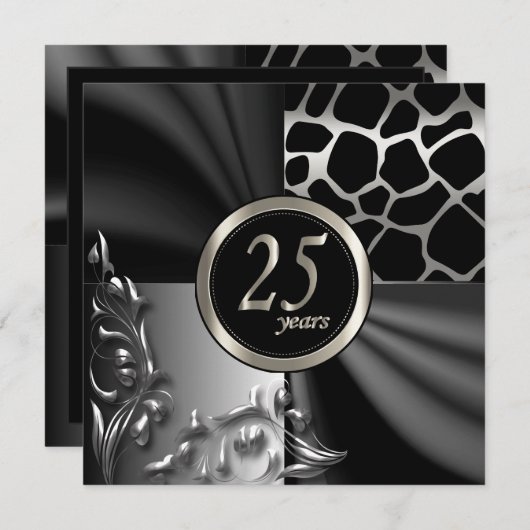 Schöne Schwarze Party Einladung zum 25. Jubiläum (Vorne/Hinten)