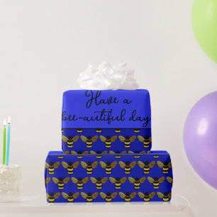 SCHÖNE SCHWARZE UND GOLD BUMBLEBEE BEE TEXT BLUE GESCHENKPAPIER