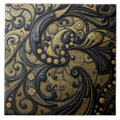 Schöne schwarze und goldene Blumen- und Perlenabst Fliese (Vorderseite)