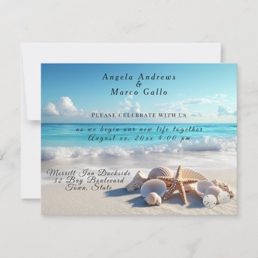 Schöne Seashells Starfish Beach Wedding Einladung (Vorderseite)