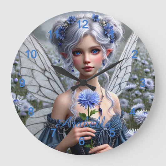 Schöne September Fairy in Asters Große Wanduhr (Vorderseite)