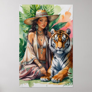 Schöne serene Boho-Frau und ihr Tiger Poster