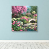 Schöne Shabby Chic Blume mit Teich und Brücke Leinwanddruck (Insitu (Holzboden))
