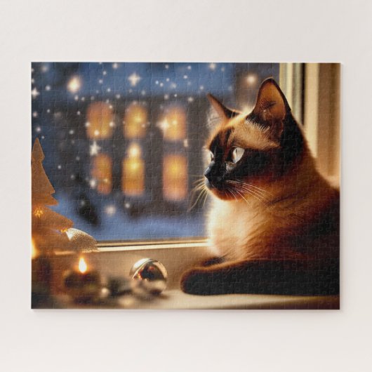 Schöne siamesische Katze am Fenster Weihnachtsmann Puzzle (Horizontal)