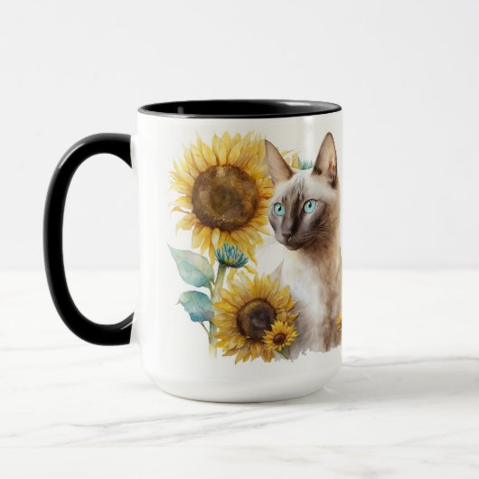 SCHÖNE SIAMESISCHE KATZE MIT GELBEN SONNENBLUMEN TASSE (Links)