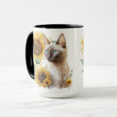 SCHÖNE SIAMESISCHE KATZE MIT GELBEN SONNENBLUMEN TASSE (Vorderseite Links)