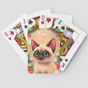 Schöne siamesische Katze mit Weihnachtsdekoratione Spielkarten
