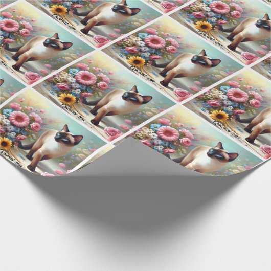 Schöne siamesische Katze und Blume Geschenkpapier (Ecke)