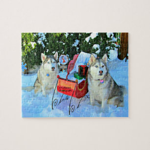 Schöne sibirische Huskies im Schnee Puzzle