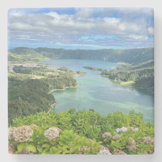 Schöne Sicht auf Sete Cidades Caldera, Azoren Steinuntersetzer (Vorderseite)
