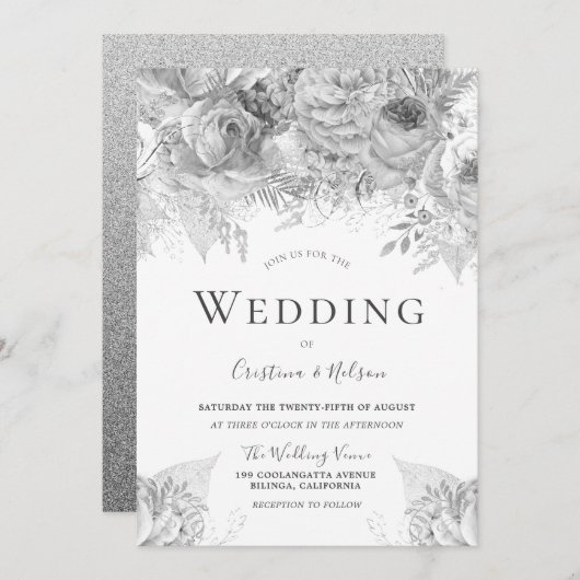 Schöne Silbergraue Blume Elegante Hochzeit Einladung (Vorne/Hinten)