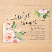 Schöne Skript-Rosé-Blumen-Hochzeitsdusche Acryleinladungen (Vorderseite)