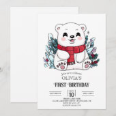 Schöne Snowflake Polar Bär 1. Geburtstag digital Einladung (Vorne/Hinten)
