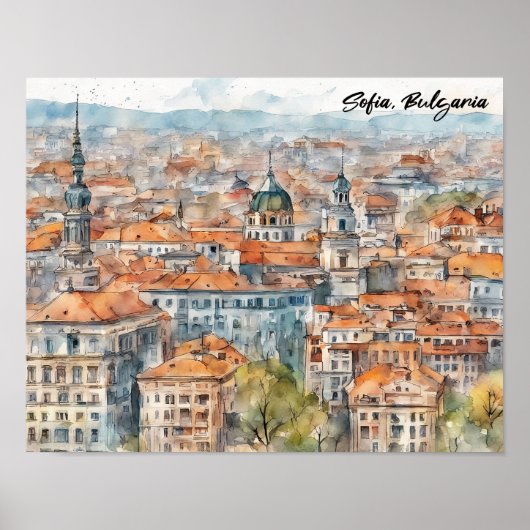 Schöne Sofia Bulgarien Aquarellmalerei Stadt Poster (Vorne)