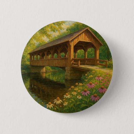 Schöne Sommer-Kunst einer überdachten Brücke Button (Vorderseite)