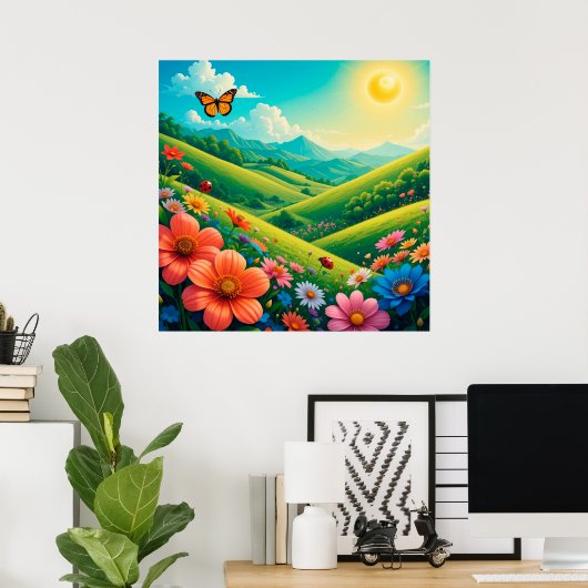 Schöne Sommerlandschaft mit bunten Blume Poster (Heimbüro)