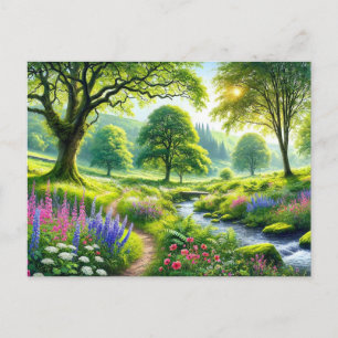 Schöne Sommerlandschaft mit Fluss und Blume Postkarte
