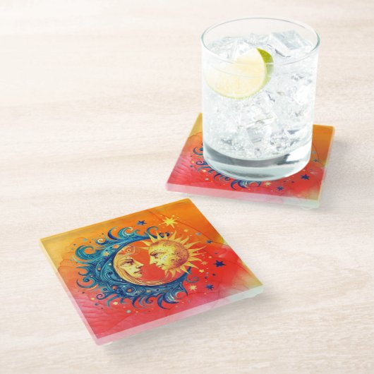 Schöne Sonne und Mond Glasuntersetzer (Schrägansicht)