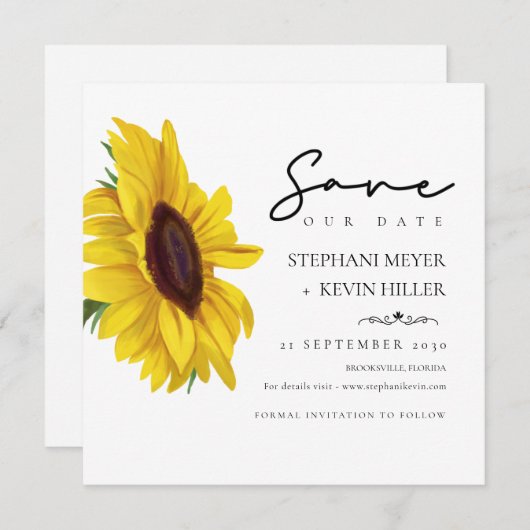 Schöne Sonnenblume Elegante Script Hochzeit Save The Date (Vorne/Hinten)