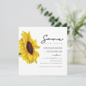 Schöne Sonnenblume Elegante Script Hochzeit Save The Date (Stehend Vorderseite)