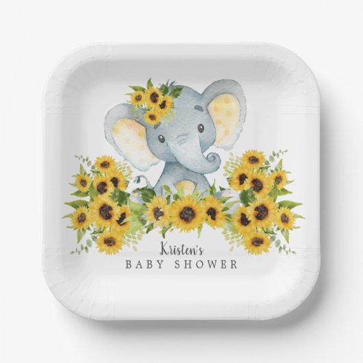 Schöne Sonnenblume Elephant Babydusche Pappteller (Vorderseite)