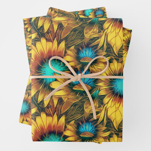 Schöne Sonnenblume Gelb Aquamarines Abstraktes Mus Geschenkpapier Set (Beispiel)