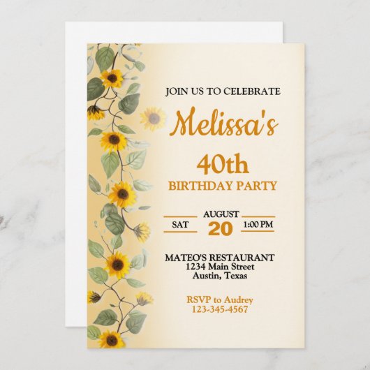 Schöne Sonnenblumen Geburtstagsparty Einladung (Vorne/Hinten)