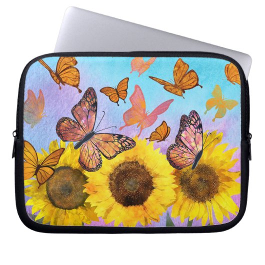 Schöne Sonnenblumen Schmetterlinge Blumengarten Laptopschutzhülle (Vorderseite)