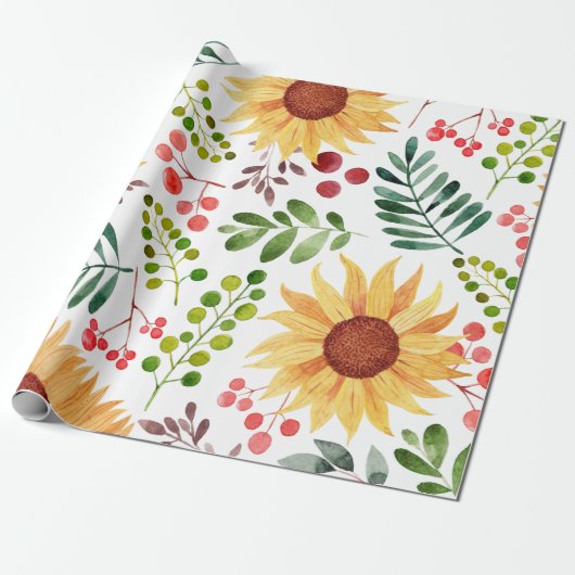 Schöne Sonnenblumen und Berries Wasserfarbe  Geschenkpapier (Ungerollt)