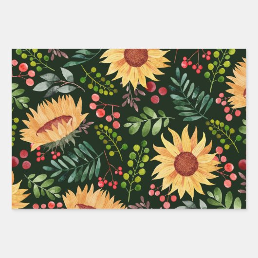 Schöne Sonnenblumen und Berries Wasserfarbe Geschenkpapier Set (Vorderseite 3)