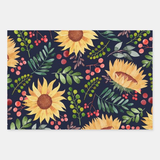 Schöne Sonnenblumen und Berries Wasserfarbe Geschenkpapier Set (Vorderseite 2)
