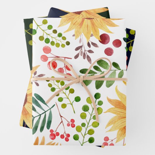 Schöne Sonnenblumen und Berries Wasserfarbe Geschenkpapier Set (Beispiel)