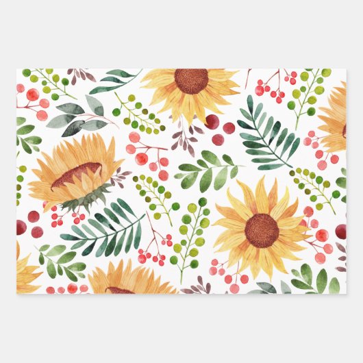 Schöne Sonnenblumen und Berries Wasserfarbe Geschenkpapier Set (Vorderseite)